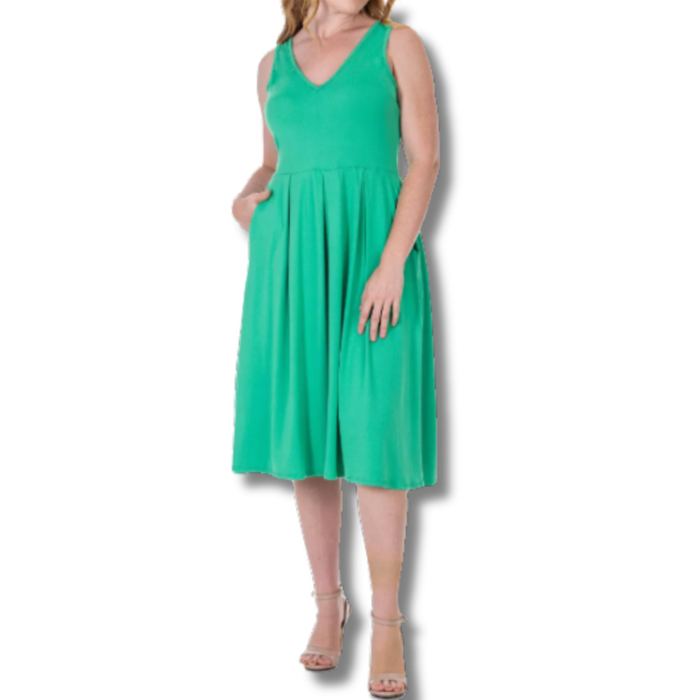 24Seven Comfort Apparel Fit and Flare MIDI Sleeveless Dress‎ Green XL